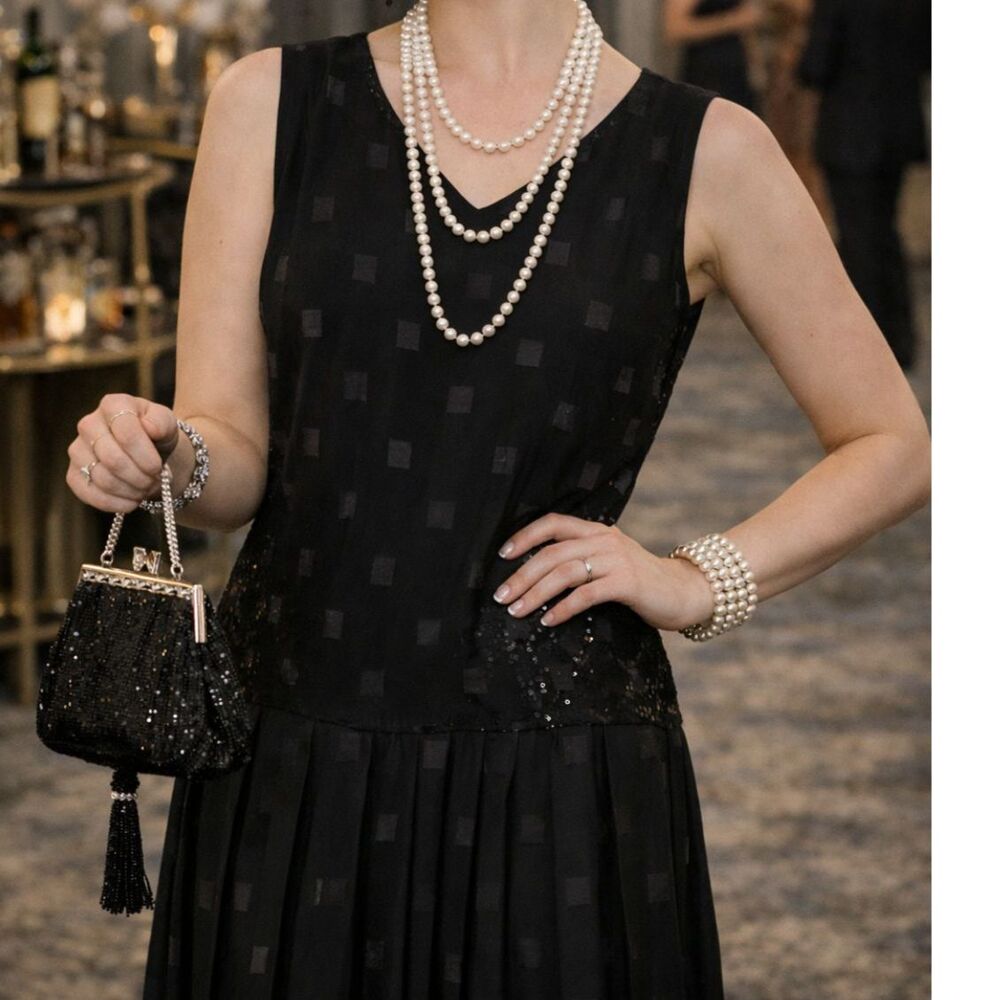 Vintage Drop Waist Monochrome flapper-style dress - Size 16